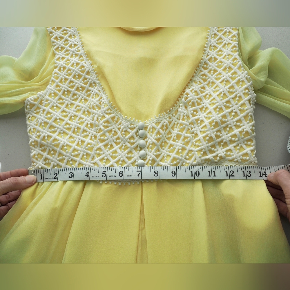 60s Vintage ILGWU Chiffon Jumpsuit Ultra Wide Leg Yellow Empire Corset Bodice - Picture 7 of 17